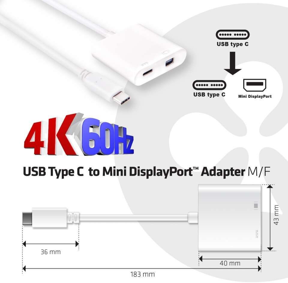 Club 3D CAC-1509, USB-C/Mini DP, 18 cm kaina ir informacija | Kabeliai ir laidai | pigu.lt