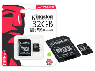 Atminties kortelė Kingston microSDHC 32GB, 10-tos klasės + SD adapteris kaina ir informacija | Atminties kortelės telefonams | pigu.lt