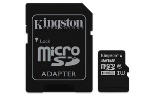 Atminties kortelė Kingston microSDHC 32GB, 10-tos klasės + SD adapteris kaina ir informacija | Atminties kortelės telefonams | pigu.lt