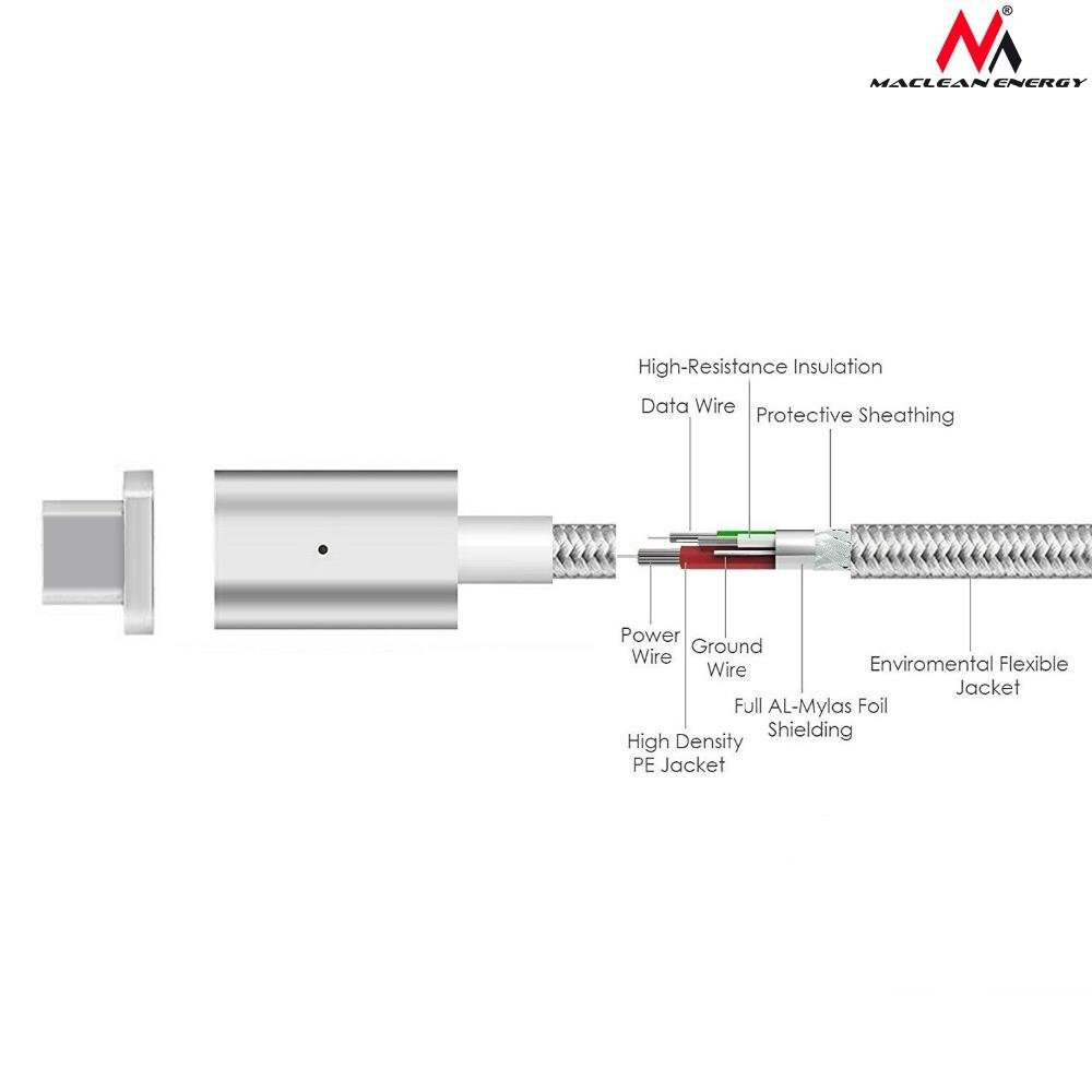 Magnetinis USB Type-C laidas sidabrinis Maclean Energy MCE178 kaina ir informacija | Kabeliai ir laidai | pigu.lt