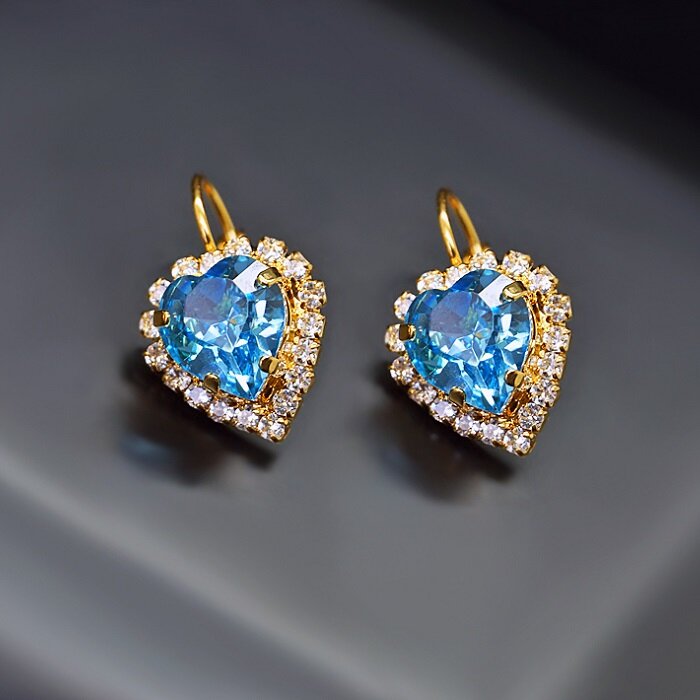 Auskarai moterims DiamondSky „Heart of The Ocean (Aquamarine Blue)“ su Swarovski kristalais