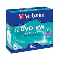 Verbatim DVD+RW, 4x, 4.7 ГБ, 5 шт. (43285) цена и информация | Виниловые пластинки, CD, DVD | pigu.lt