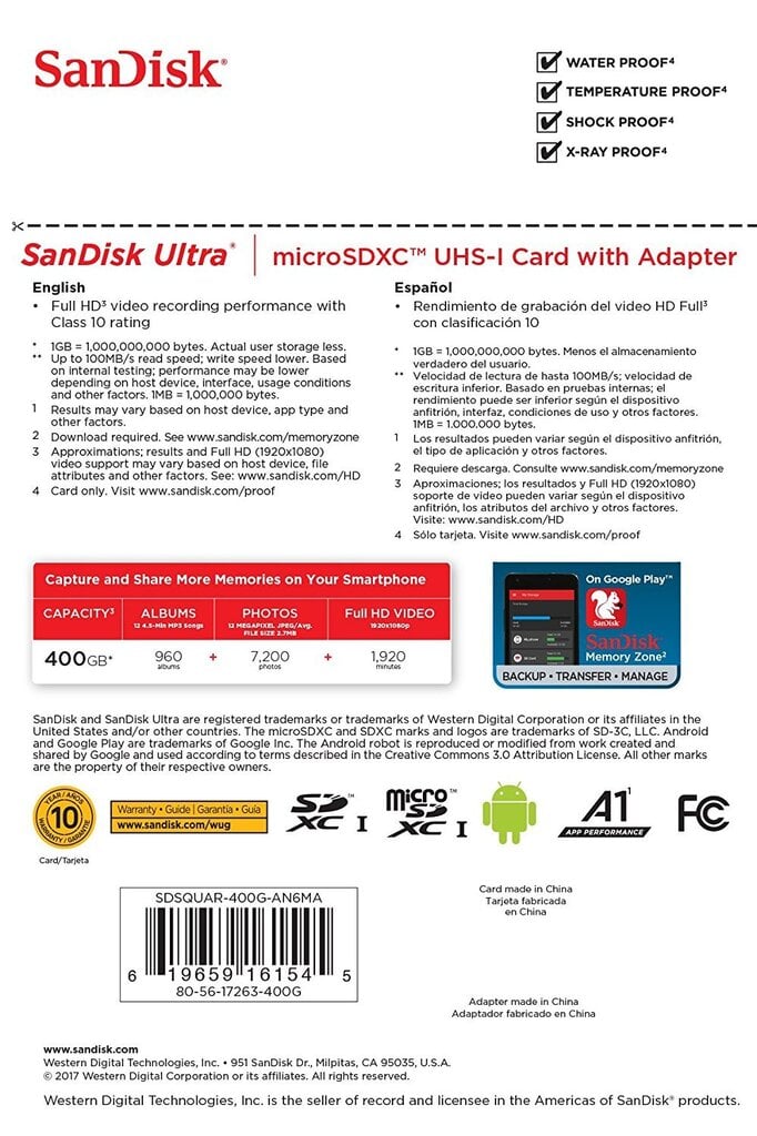 Atminties kortelė Sandisk 400GB Ultra Android microSDXC + SD Adapter + Memory Zone App 100MB/s A1 Class 10 UHS-I цена и информация | Atminties kortelės telefonams | pigu.lt