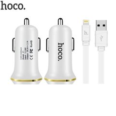 Hoco Z1 2in1 Kit Авто DC 12-24V Два USB Гнезда 2.1A Зарядка + USB на Micro USB 1m Кабель Белый цена и информация | Зарядные устройства для телефонов | pigu.lt