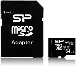 Карта памяти Silicon Power microSDXC 64ГБ Superior Pro U3 + адаптер цена и информация | Карты памяти для фотоаппаратов, камер | pigu.lt