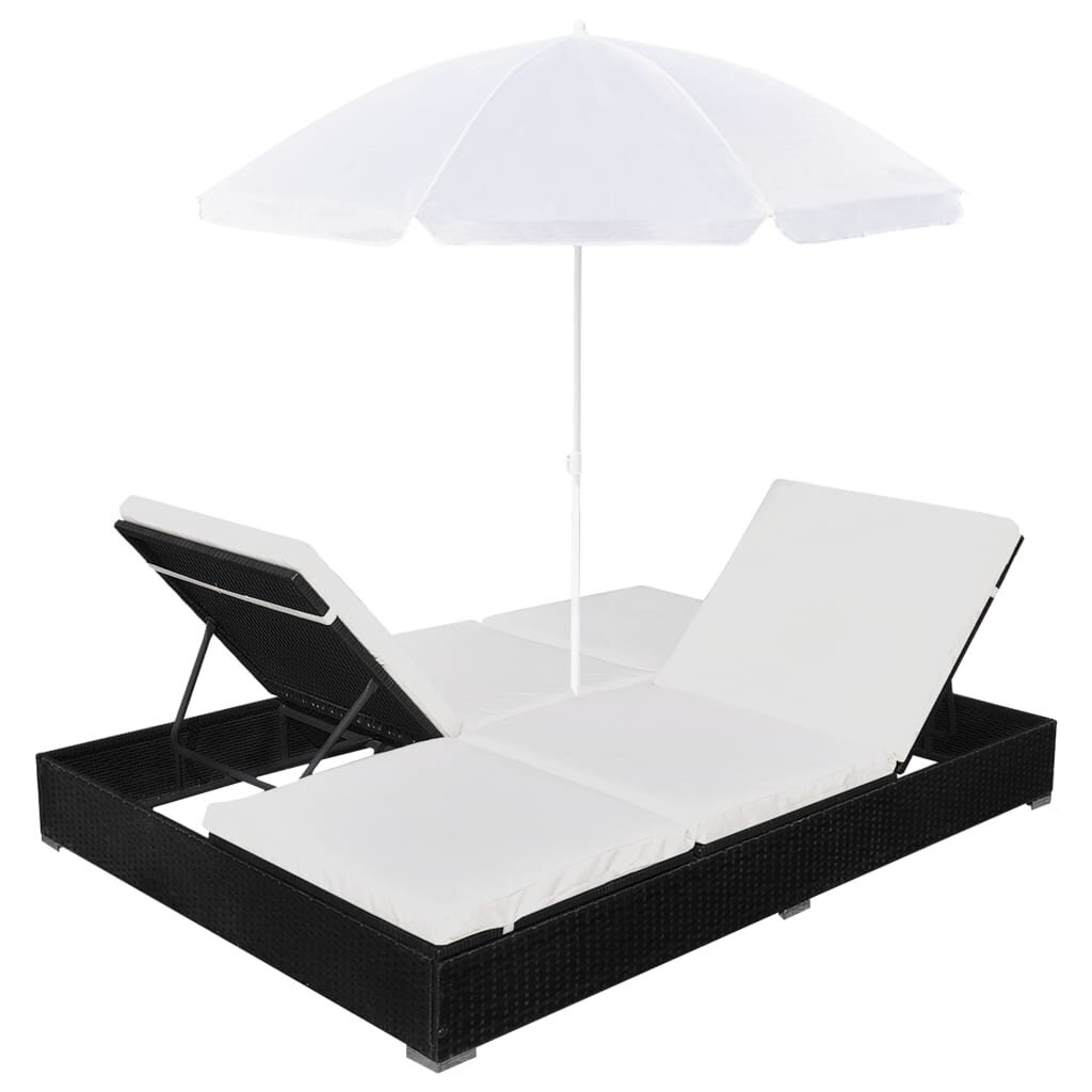Saulės gultas su skėčiu, poliratanas, juodas цена и информация | Gultai | pigu.lt
