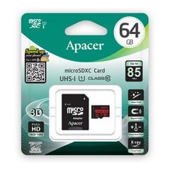 "apacer secure digital card v10, 64gb, micro sdxc, ap64gmcsx10u5-r, uhs-i u1 (class 10), с адаптером цена и информация | Карты памяти для телефонов | pigu.lt