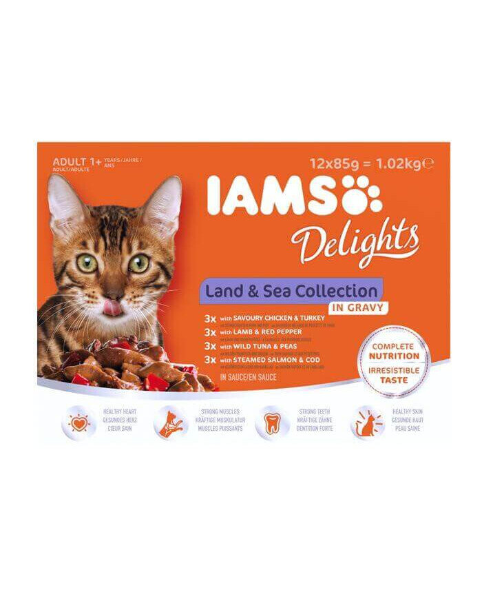 IAMS Delights konservai su paukštiena, ėriena ir žuvimi, 12x85 g kaina ir informacija | Konservai katėms | pigu.lt