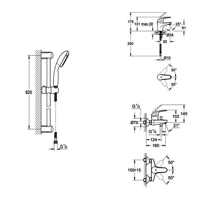 Grohe Euroeco praustuvo, vandens maišytuvo ir dušo komplektas, chromas 32743000, 27853000, 32734000 kaina ir informacija | Dušo komplektai ir panelės | pigu.lt