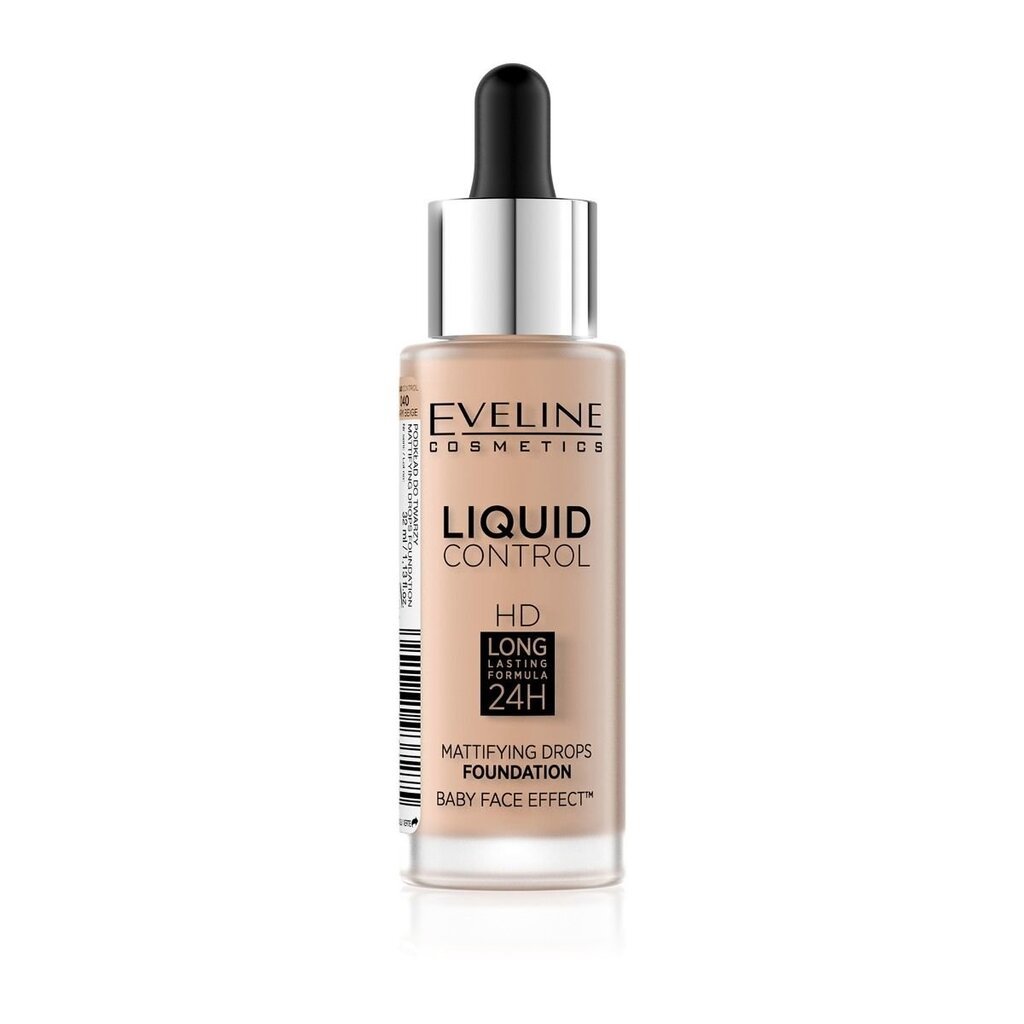 Matinis makiažo pagrindas Eveline Liquid Control HD Mattifying Drops Foundation 32 ml, 040 Warm Beige цена и информация | Makiažo pagrindai, pudros | pigu.lt