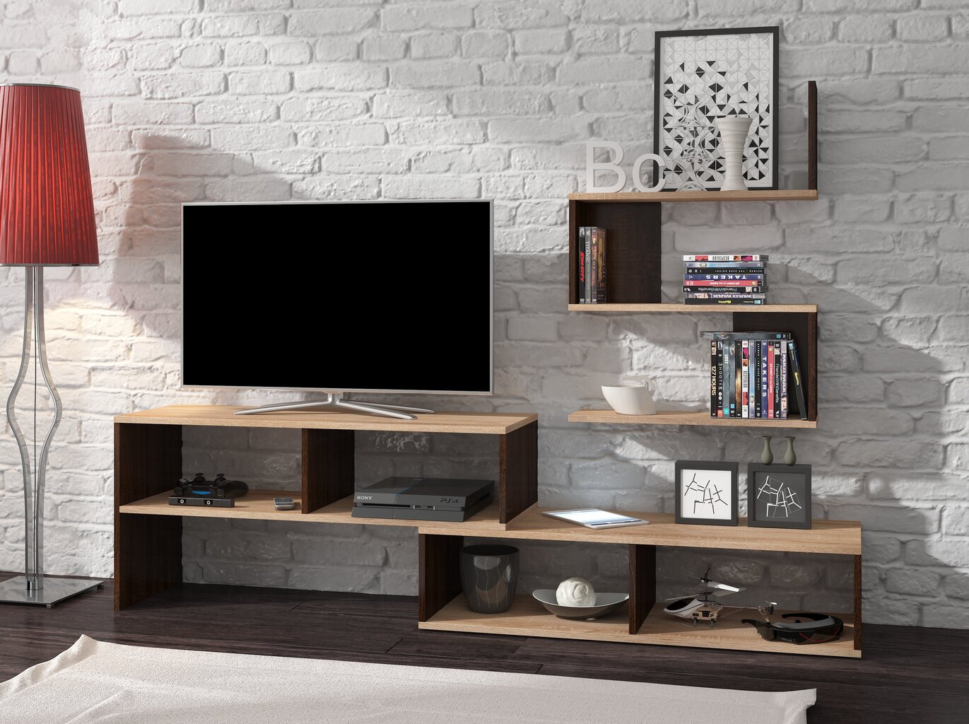 TV staliukas su lentynomis Sydney, ąžuolo/rudos spalvos kaina ir informacija | TV staliukai | pigu.lt