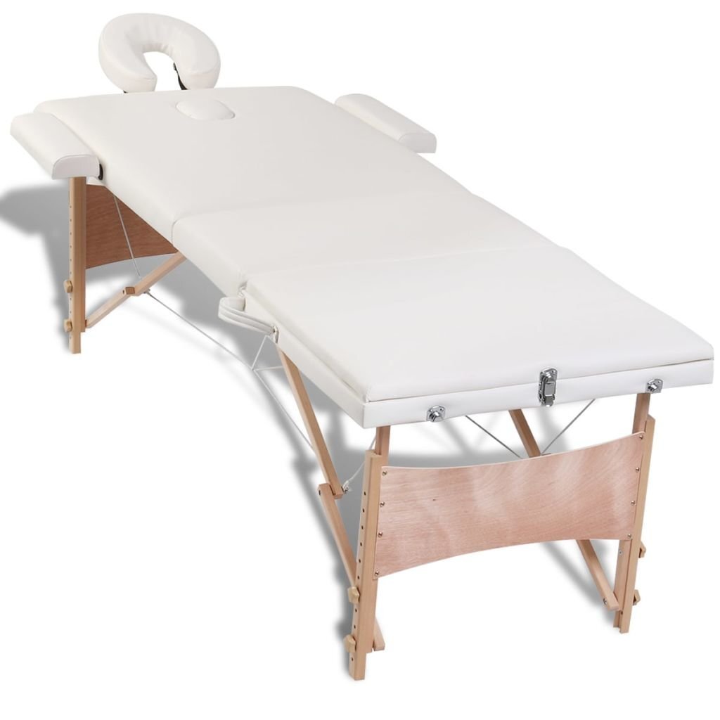 Sulankstomas masažo stalas, medinis rėmas, 3 zonų, kreminis kaina ir informacija | Masažo reikmenys | pigu.lt