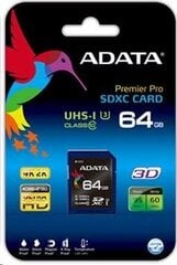 ADATA ASDX64GUI3V30S-R, 64ГБ цена и информация | Карты памяти для фотоаппаратов, камер | pigu.lt