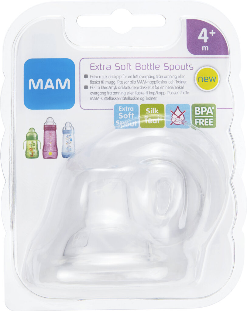 MAM buteliuko snapeliai Extra Soft Bottle Spouts, 4mėn+, 2 vnt. kaina ir informacija | Buteliukai kūdikiams ir jų priedai | pigu.lt
