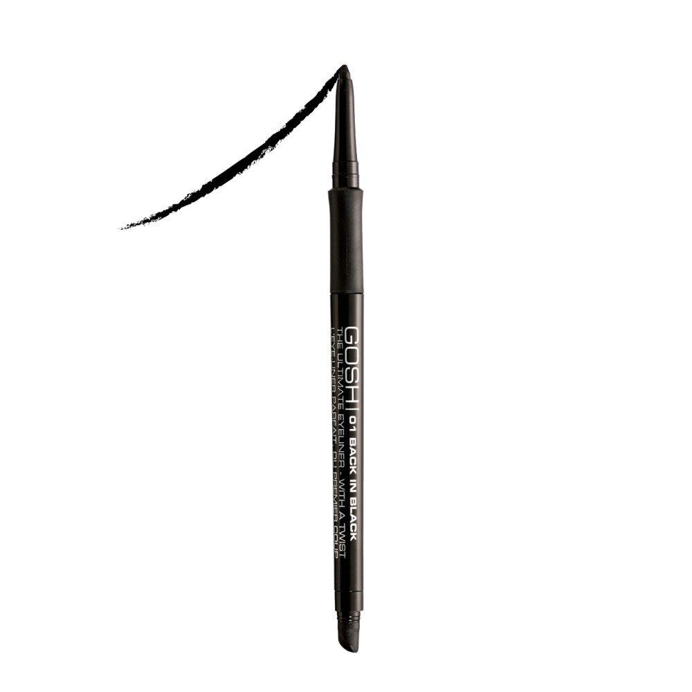 Akių kontūro pieštukas Gosh The Ultimate Eyeliner - with a twist 0,4 g, 01 Back in Black цена и информация | Akių šešėliai, pieštukai, blakstienų tušai, serumai | pigu.lt