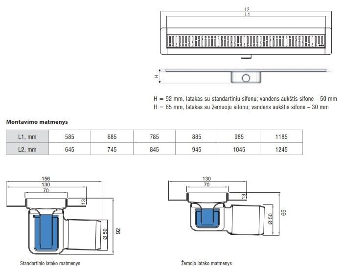 Dušo latakas ACO ShowerDrain C, 885 mm kaina ir informacija | Dušo latakai | pigu.lt