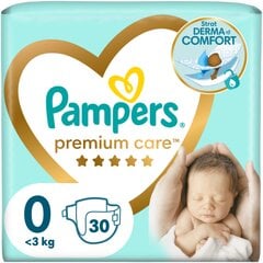 Подгузники PAMPERS Premium Care 0 размер, <3 кг, 30 шт. цена и информация | Подгузники | pigu.lt