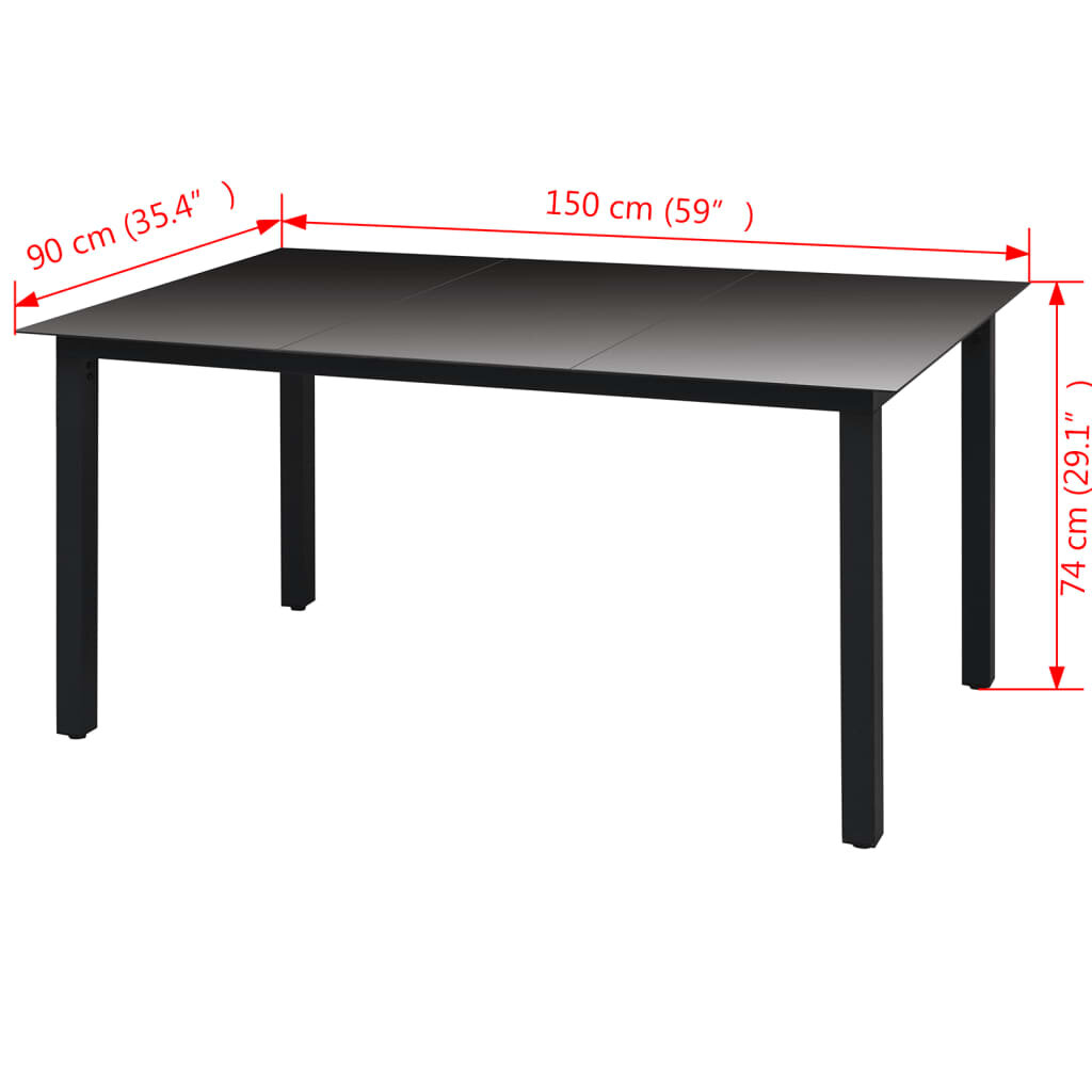 Sodo valgomojo stalas, stiklas, aliuminis, 150x90x74cm, juodas kaina ir informacija | Lauko stalai, staliukai | pigu.lt