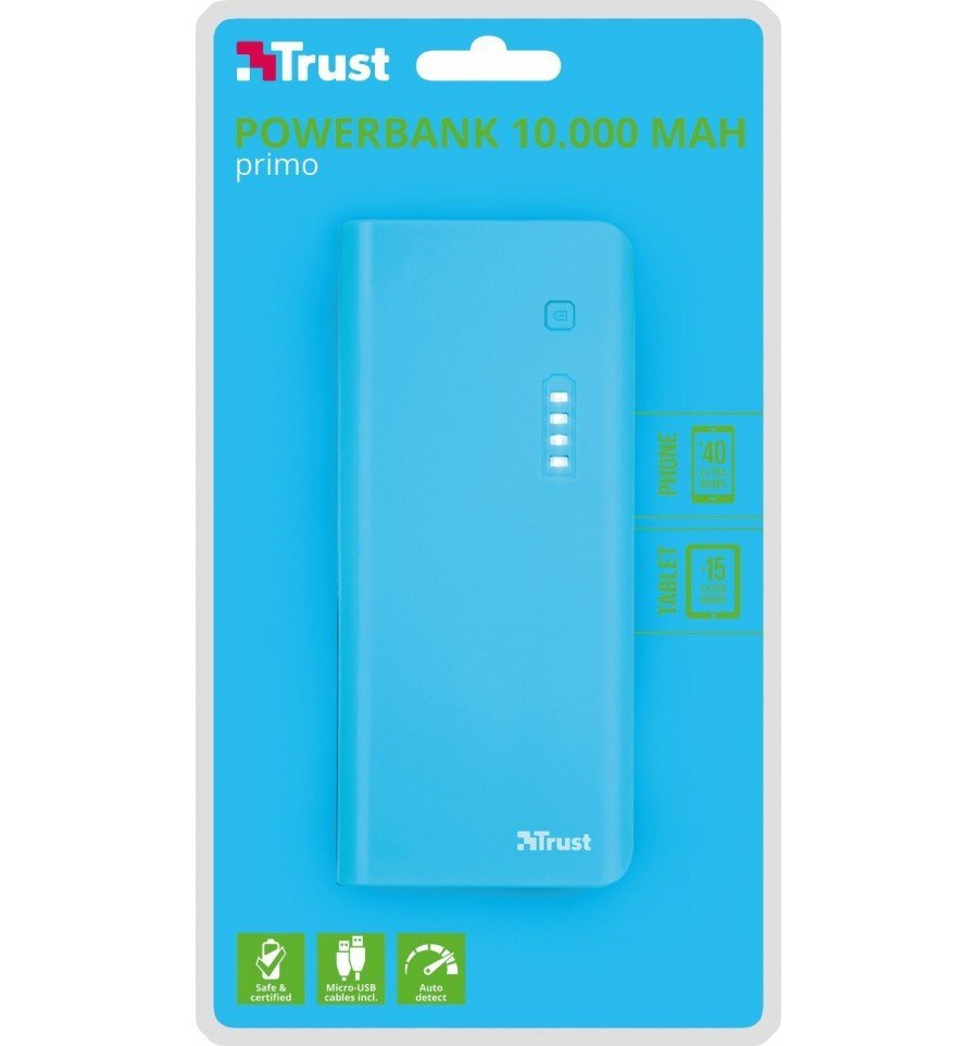 Atsarginis maitinimo šaltinis Trust Primo Powerbank, 10000 mAh, 2 x USB, žydras kaina ir informacija | Atsarginiai maitinimo šaltiniai (power bank) | pigu.lt