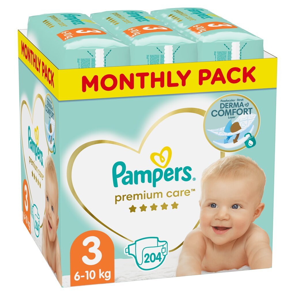 Sauskelnės PAMPERS Premium Monthly Pack 3 dydis, 6-10 kg, 204 vnt. kaina ir informacija | Sauskelnės | pigu.lt
