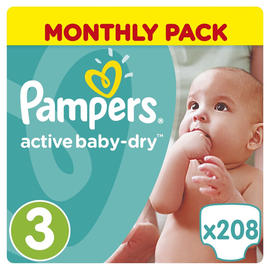 Sauskelnės PAMPERS Active Baby Dry Monthly Box 3 dydis 208 vnt kaina ir informacija | Sauskelnės | pigu.lt