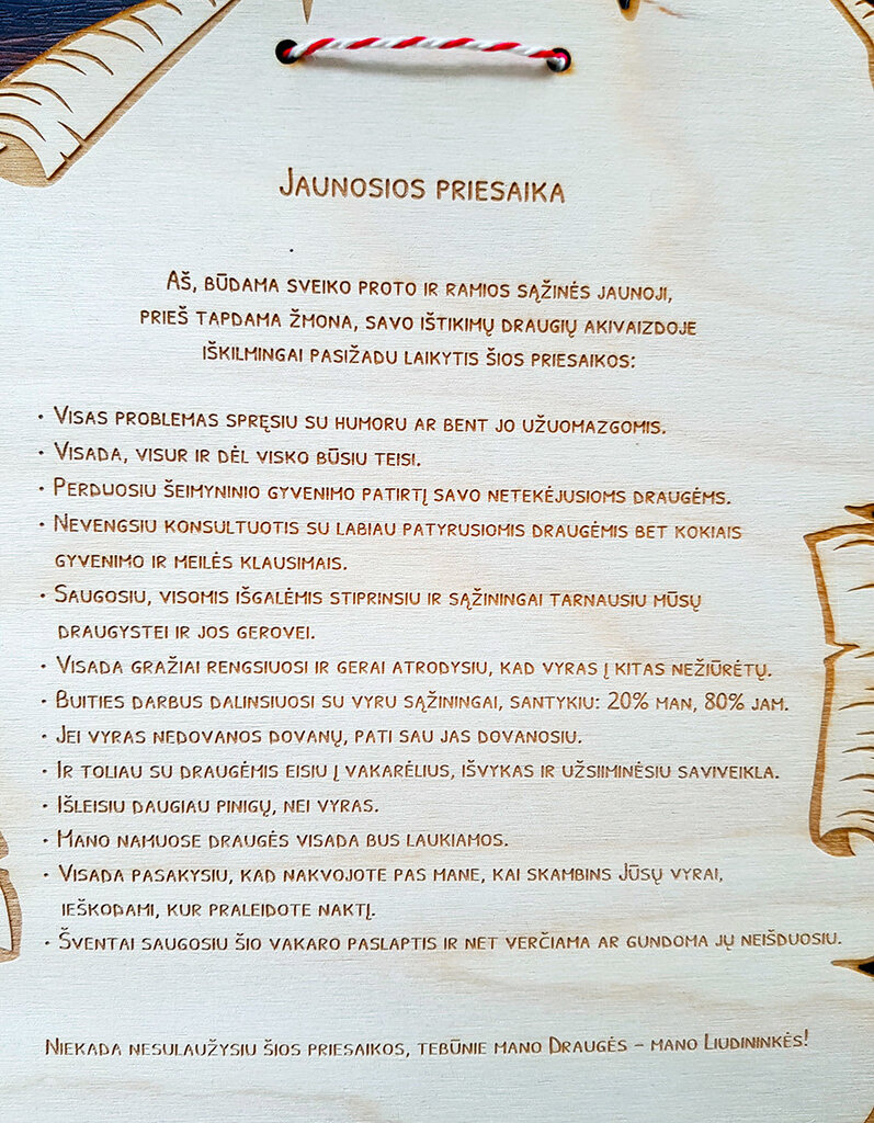 Graviruota medinė lentelė "Jaunosios priesaika" kaina ir informacija | Kitos originalios dovanos | pigu.lt