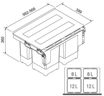 Šiukšliadėžė Franke, Sorter Garbo 60-4 (2x12l.+2X8l.) kaina ir informacija | Šiukšliadėžės | pigu.lt