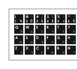 Klaviatūros lipdukai Mocco ENG / RU, laminuoti, nepralaidūs vandeniui, su baltomis ir žaliomis raidėmis kaina ir informacija | Klaviatūros | pigu.lt