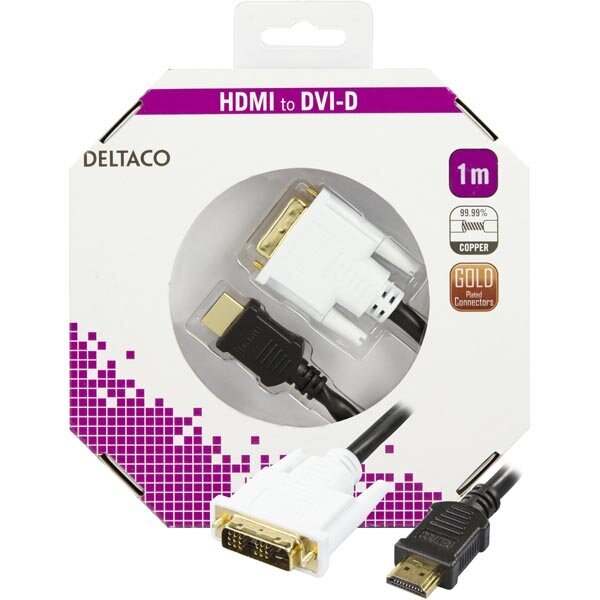 Deltaco HDMI-110-K, HDMI, DVI, 1m kaina ir informacija | Kabeliai ir laidai | pigu.lt