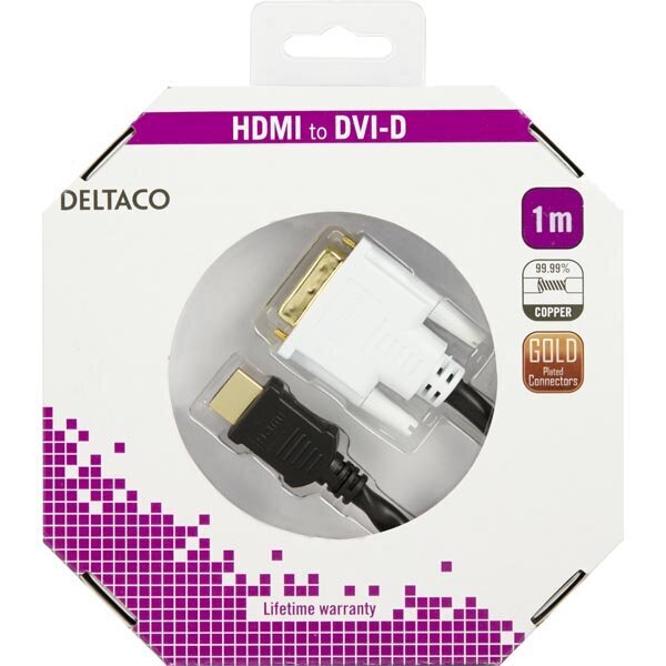 Deltaco HDMI-110-K, HDMI, DVI, 1m kaina ir informacija | Kabeliai ir laidai | pigu.lt