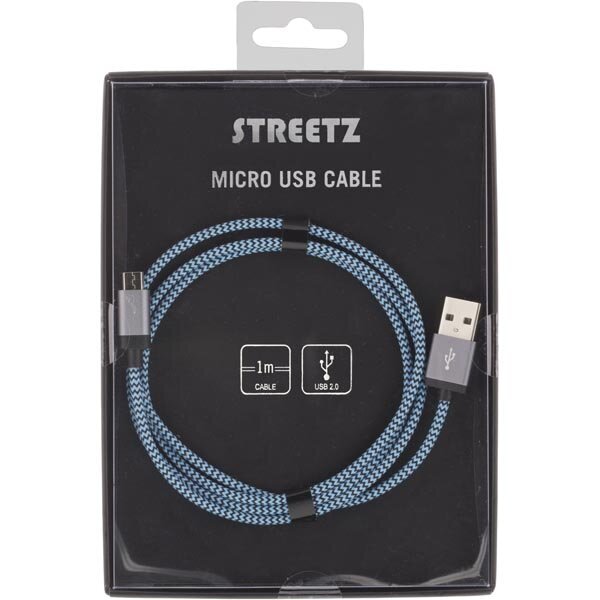 Mob. telefono kabelis STREETZ USB 2.0 "A-micro B", 1.0m, mėlynas / MICRO-117 kaina ir informacija | Laidai telefonams | pigu.lt