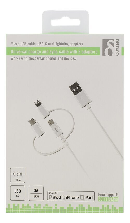 Deltaco IPLH-180, USB-C, Micro USB, Lightning , 0.5m kaina ir informacija | Laidai telefonams | pigu.lt