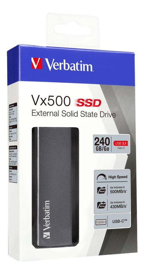 Išorinis SSD diskas Verbatim Vx500 240GB, USB 3.1, Gen 2, pilkas / V47442 цена и информация | Išoriniai kietieji diskai (SSD, HDD) | pigu.lt