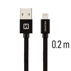 USB-кабель Swissten Textile 3A Lighthing, 0,2 м, черный цена и информация | Кабели и провода | pigu.lt