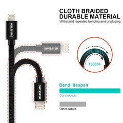 USB Kabelis Swissten Textile 3A Lightning, 1.2 m, juodos spalvos kaina ir informacija | Kabeliai ir laidai | pigu.lt