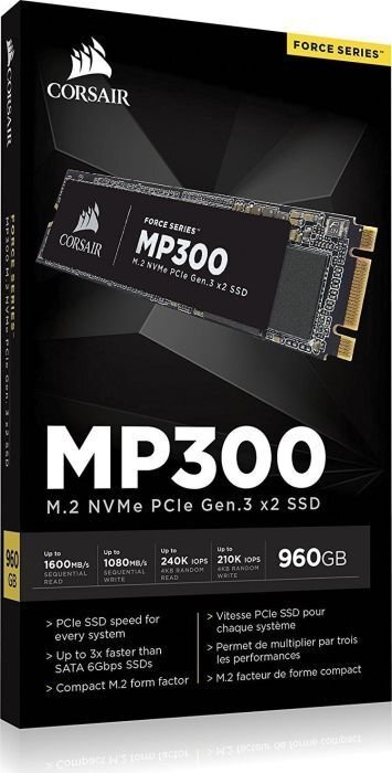 Corsair Force MP300 960GB PCIe x2 NVMe (CSSD-F960GBMP300) kaina ir informacija | Vidiniai kietieji diskai (HDD, SSD, Hybrid) | pigu.lt