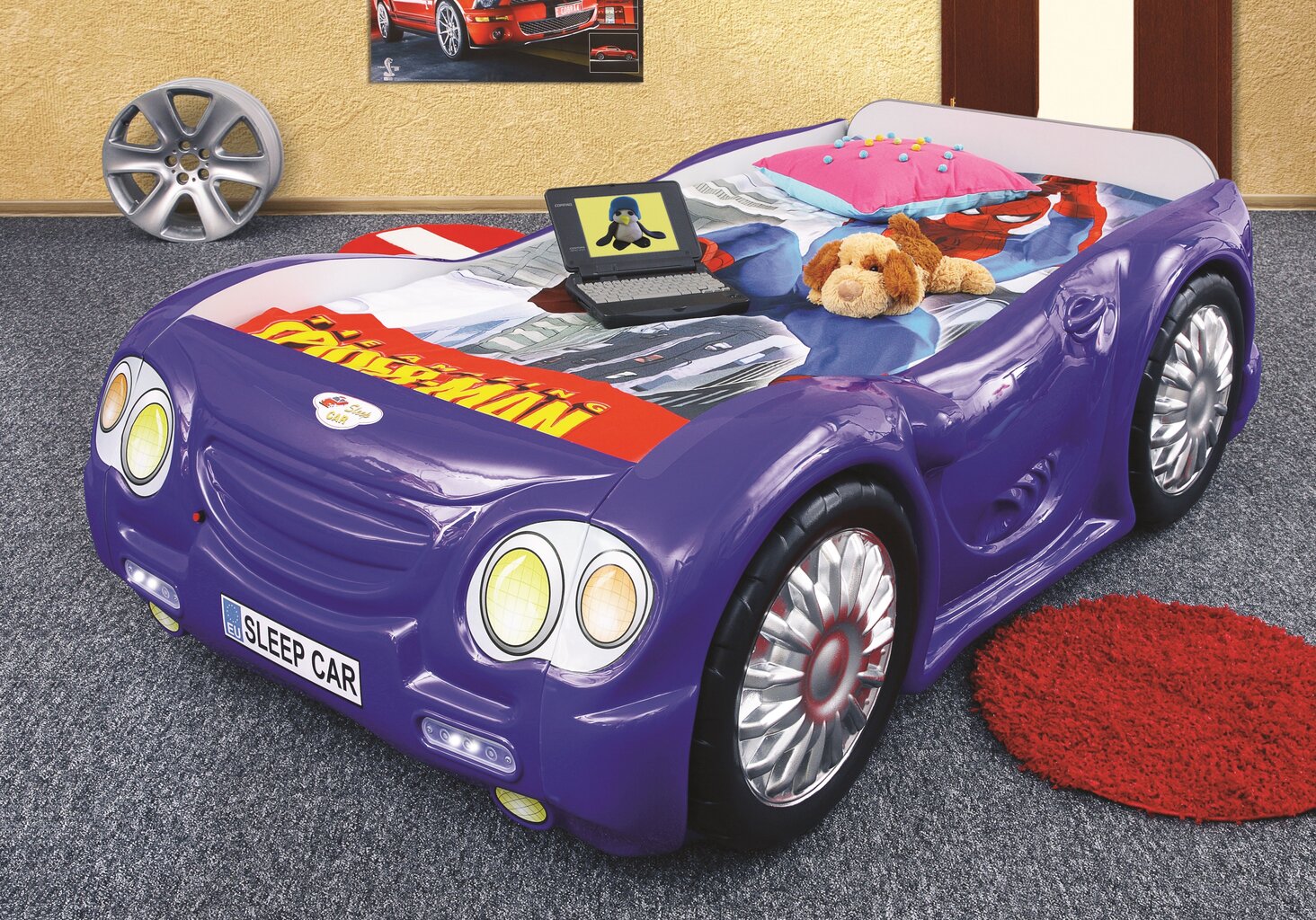 Lova su čiužiniu Sleep Car, 90x180 cm, mėlyna kaina ir informacija | Vaikiškos lovos | pigu.lt