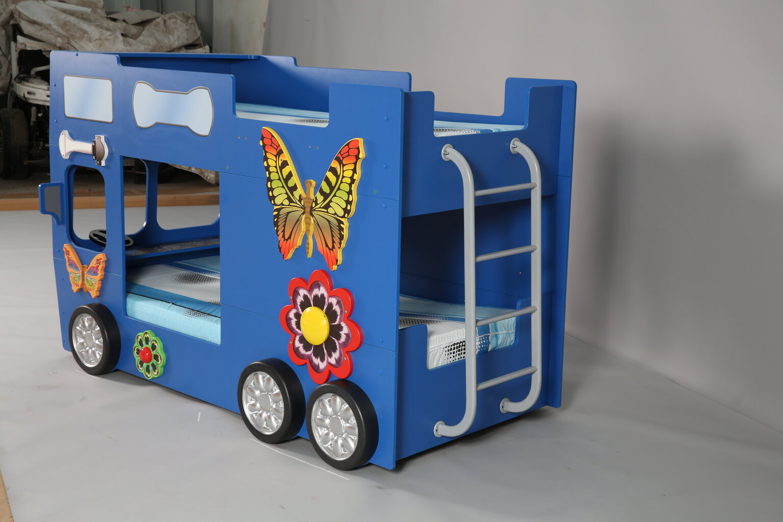 Dviaukštė lova su čiužiniais Happy Bus 190x90 cm, mėlyna kaina ir informacija | Vaikiškos lovos | pigu.lt
