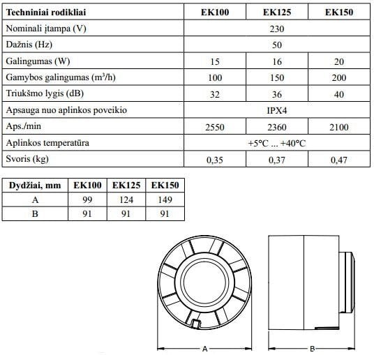 Kanalinis ventiliatorius su laikmačiu Europlast EK100T, Ø100 mm kaina ir informacija | Vonios ventiliatoriai | pigu.lt