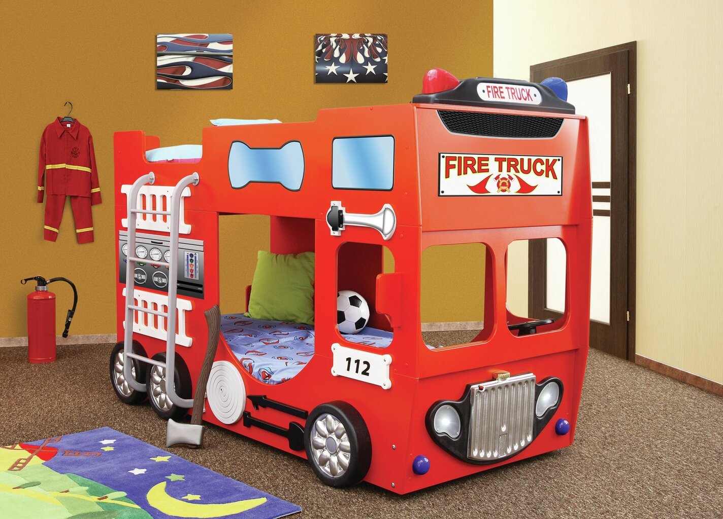 Dviaukštė lova su čiužiniais Fire Truck Double 90x190 cm, raudona цена и информация | Vaikiškos lovos | pigu.lt