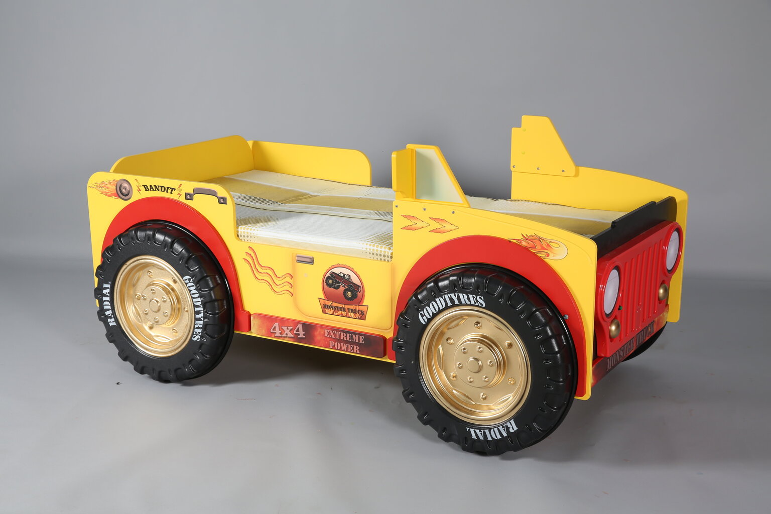 Lova su čiužiniu Monster Truck, 90x190 cm, geltona цена и информация | Vaikiškos lovos | pigu.lt