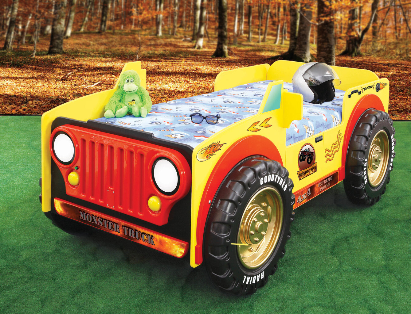Lova su čiužiniu Monster Truck, 90x190 cm, geltona kaina ir informacija | Vaikiškos lovos | pigu.lt