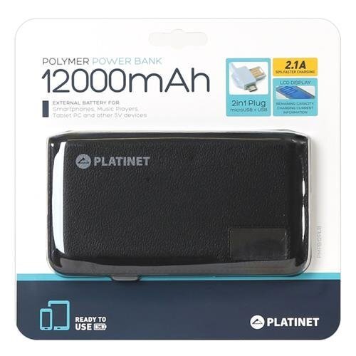 Universali nešiojama baterija Platinet (PMPB12PLB) 12000 mAh, LCD + 2 x USB, 5V/2.1A, juodos odos apdaila kaina ir informacija | Atsarginiai maitinimo šaltiniai (power bank) | pigu.lt