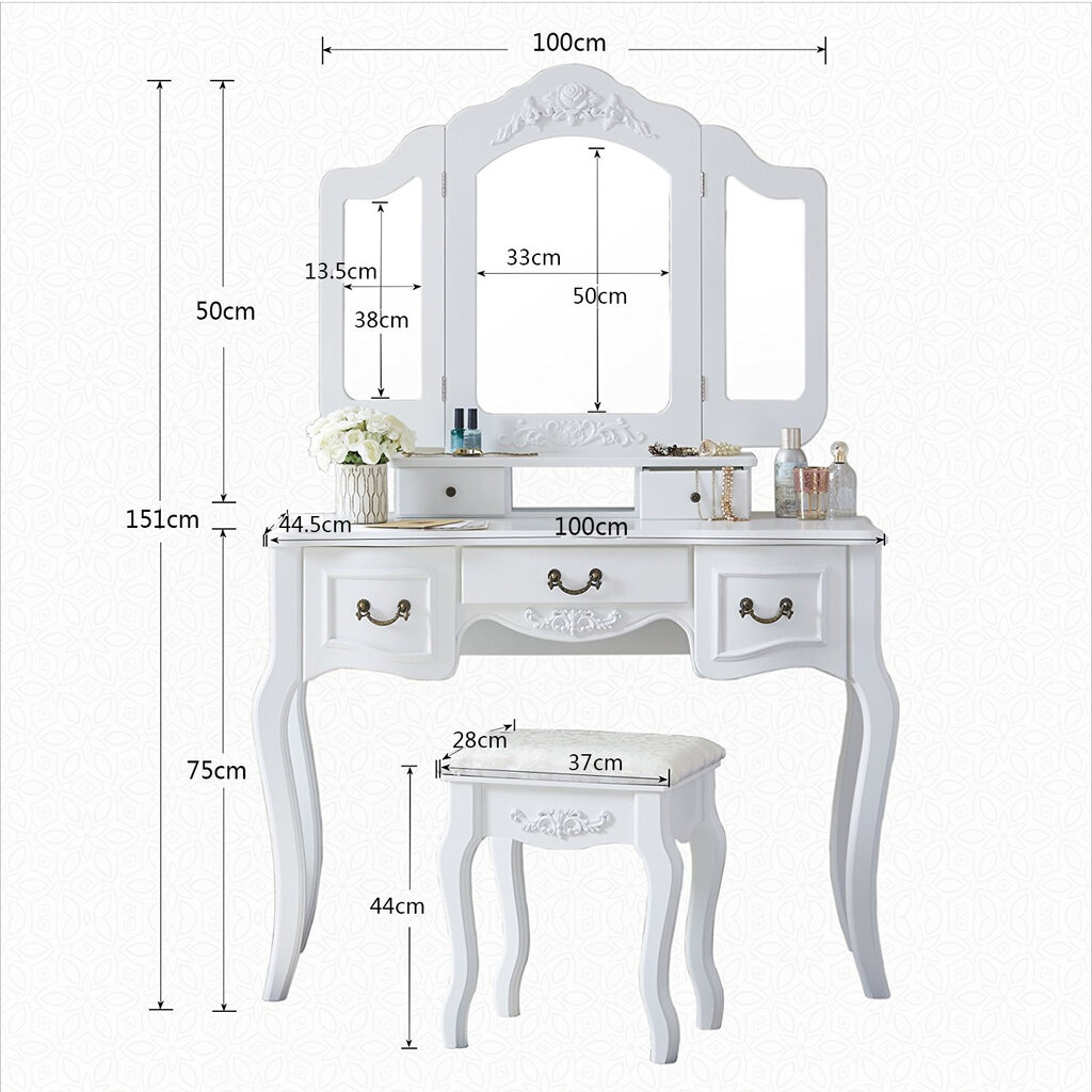 Kosmetinis staliukas (XXL dydžio) KS155-B su minkštasuoliu, baltas kaina ir informacija | Kosmetiniai staliukai | pigu.lt