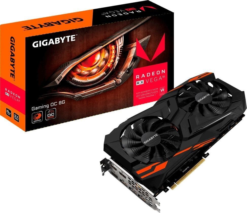 Gigabyte Radeon RX VEGA 56 GAMING OC 8GB, HBM2 (2048 bit), 3xHDMI, 3xDisplayPort, BOX (GV-RXVEGA56GAMING OC) kaina ir informacija | Vaizdo plokštės (GPU) | pigu.lt