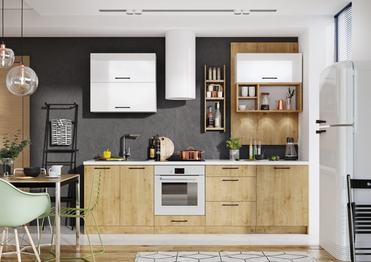 Virtuvinių spintelių komplektas Kaya 2,6 WO36, baltas/rudas kaina ir informacija | Virtuvės baldų komplektai | pigu.lt