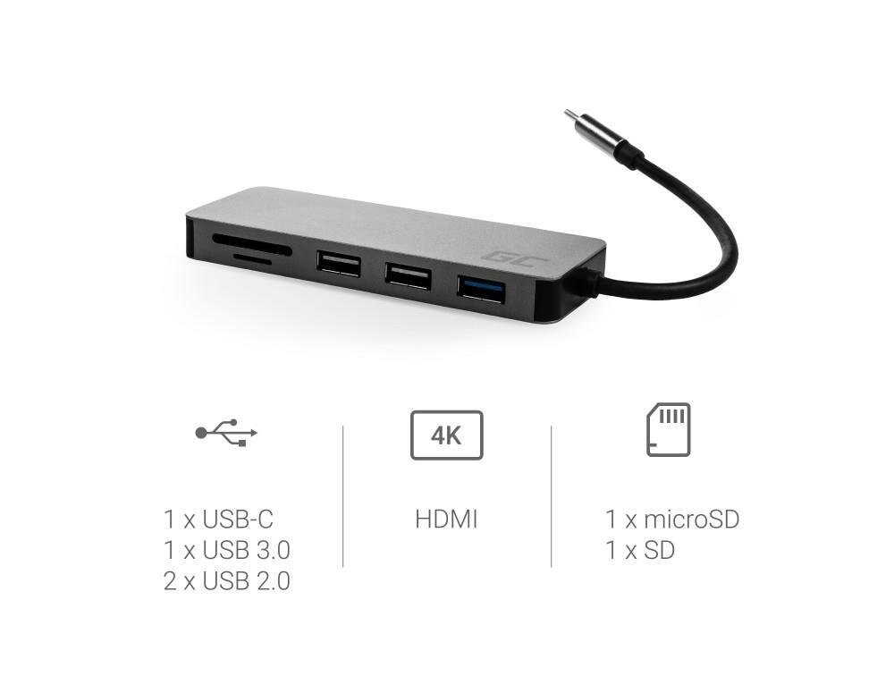 Šakotuvas Green Cell USB-C HUB 7in1 USB 3.0, 2xUSB 2.0, HDMI 4K, microSD, SD, DEX цена и информация | Adapteriai, USB šakotuvai | pigu.lt