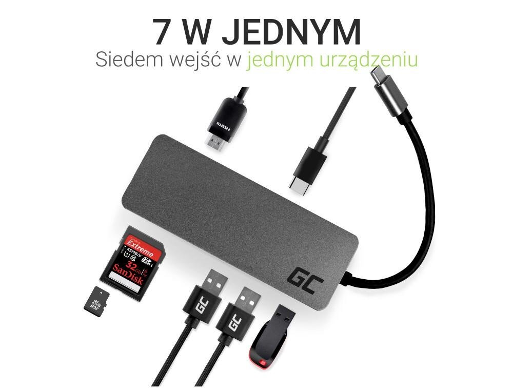 Šakotuvas Green Cell USB-C HUB 7in1 USB 3.0, 2xUSB 2.0, HDMI 4K, microSD, SD, DEX цена и информация | Adapteriai, USB šakotuvai | pigu.lt