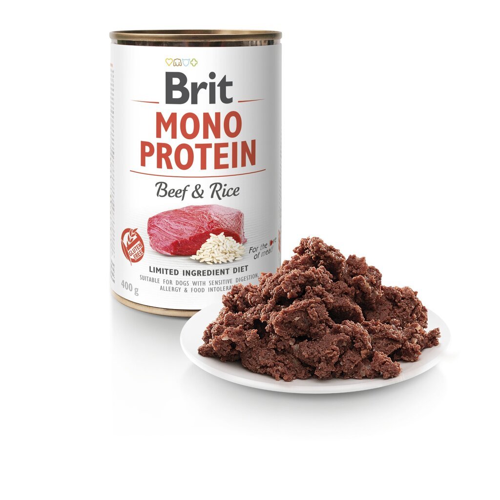 BRIT CARE konservai Mono protein su jautiena ir ryžiais, 400g kaina ir informacija | Konservai šunims | pigu.lt