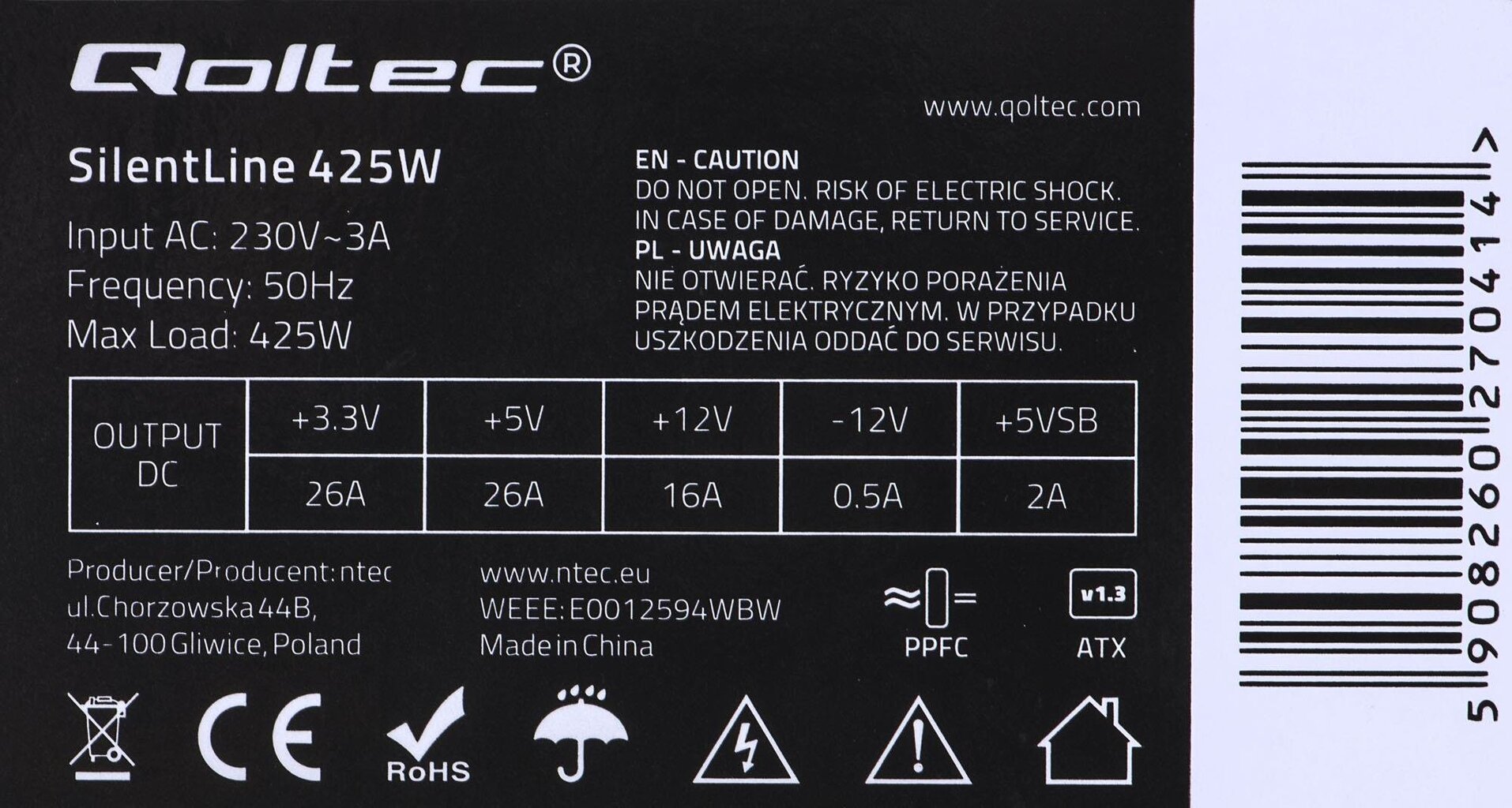 Qoltec Power Supply ATX SilentLine kaina ir informacija | Maitinimo šaltiniai (PSU) | pigu.lt